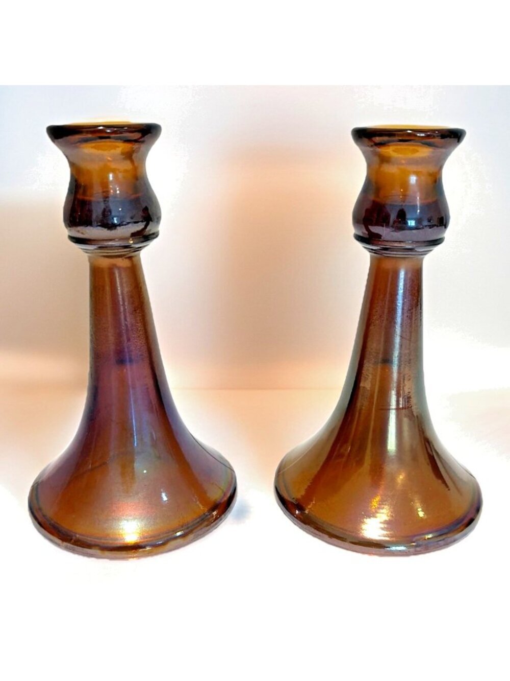 VTG 2 Northwood Vineland Trumpet Candle Stick Holders Amber Stretch Glass 1930s